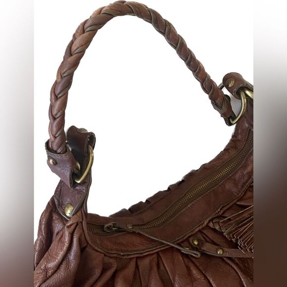 Sabina New York - Large Brown Plated Slouchy Boho Shoulder Leather Bag Coquillle - Picture 3 of 11